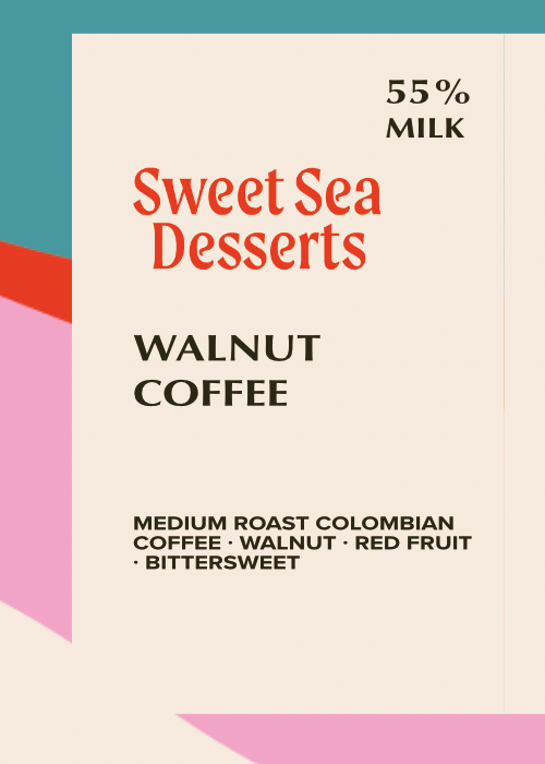 Label for 55% milk chocolate bar, filled with walnut & coffee
